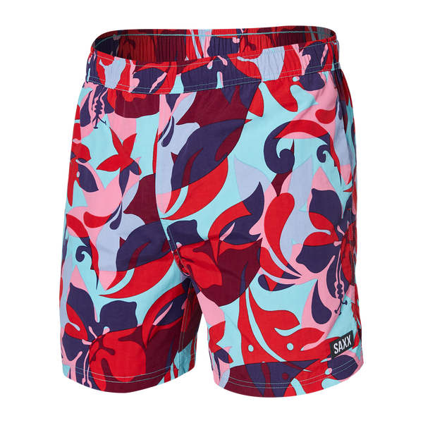 Front of Go Coastal 2N1 Swim Classic Volley 5" in Tropical Lens- Red Multi