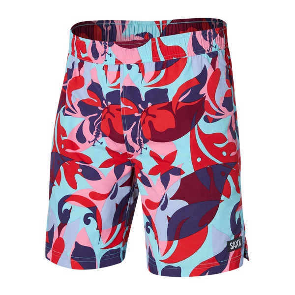 Front of Go Coastal 2N1 Swim Classic Volley 7" in Tropical Lens- Red Multi