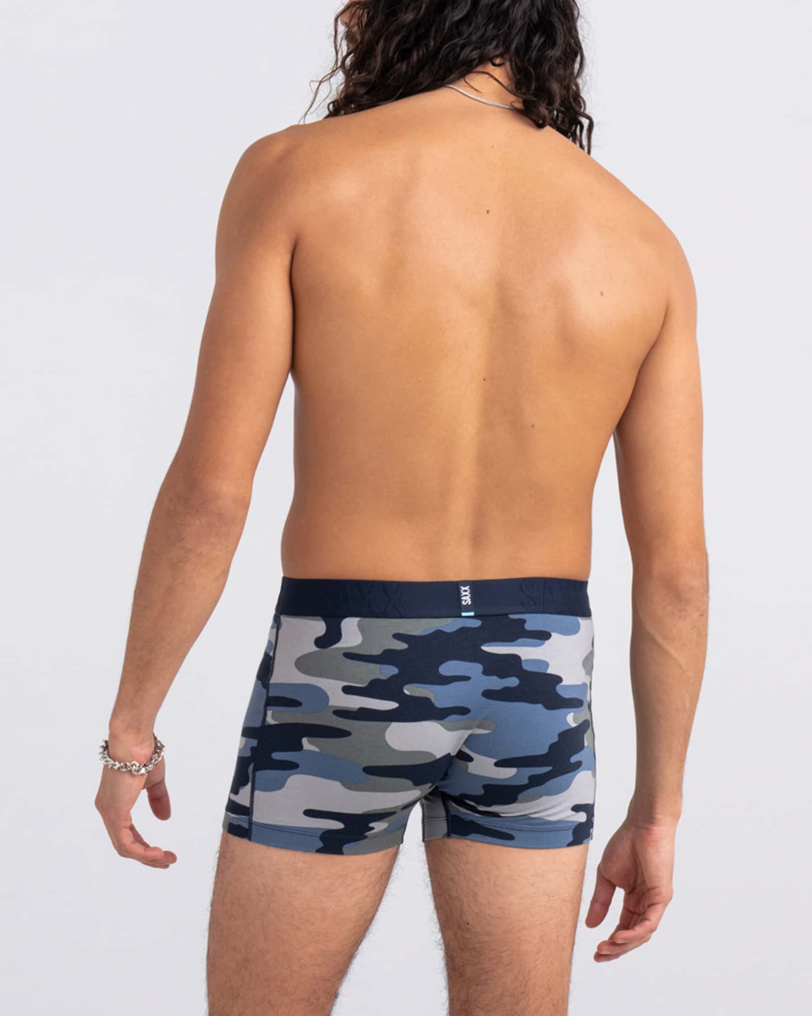 Back - Model wearing Droptemp Cooling Cotton Trunk Fly in Tidal Camo- Blue