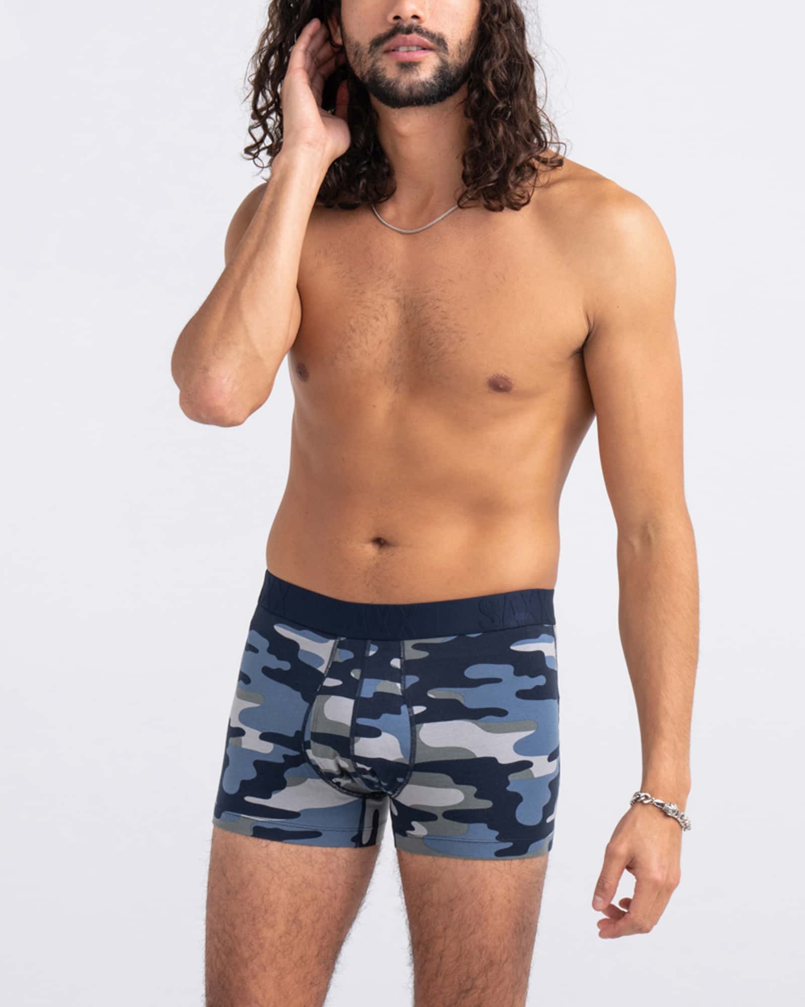 Front - Model wearing Droptemp Cooling Cotton Trunk Fly in Tidal Camo- Blue