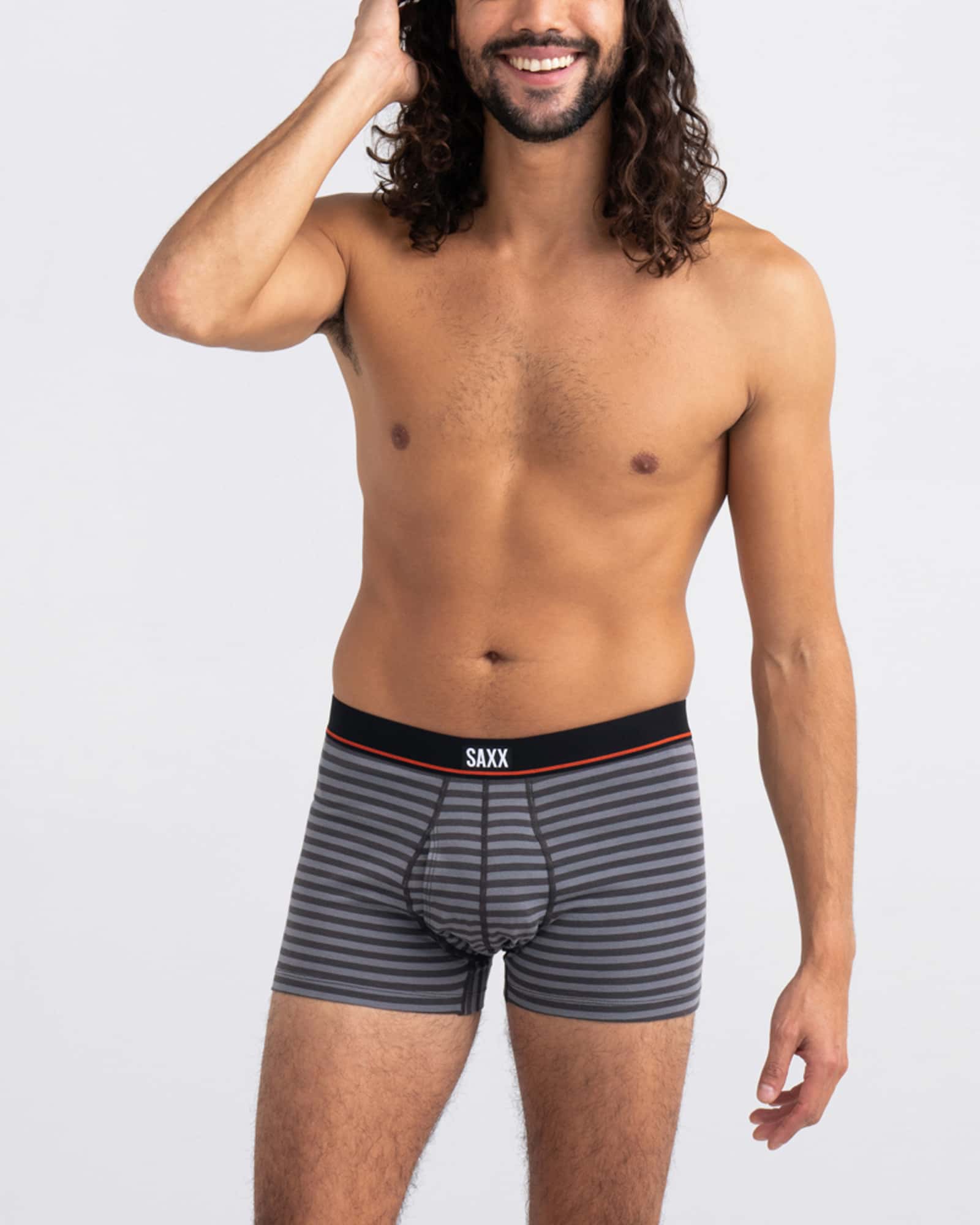 Front - Model wearing Non-Stop Stretch Cotton Trunk Fly in Hiker Stripe- Grey