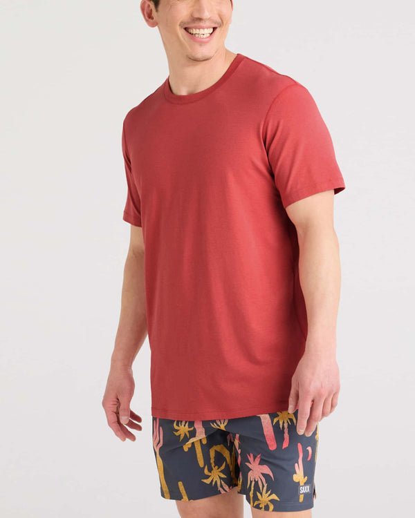 Front - Model wearing Droptemp Cooling Cotton Tee in Mineral Red