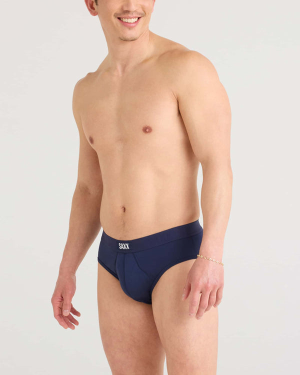 Front - Model wearing Vibe Xtra Brief Fly 2 Pack in Black/Navy