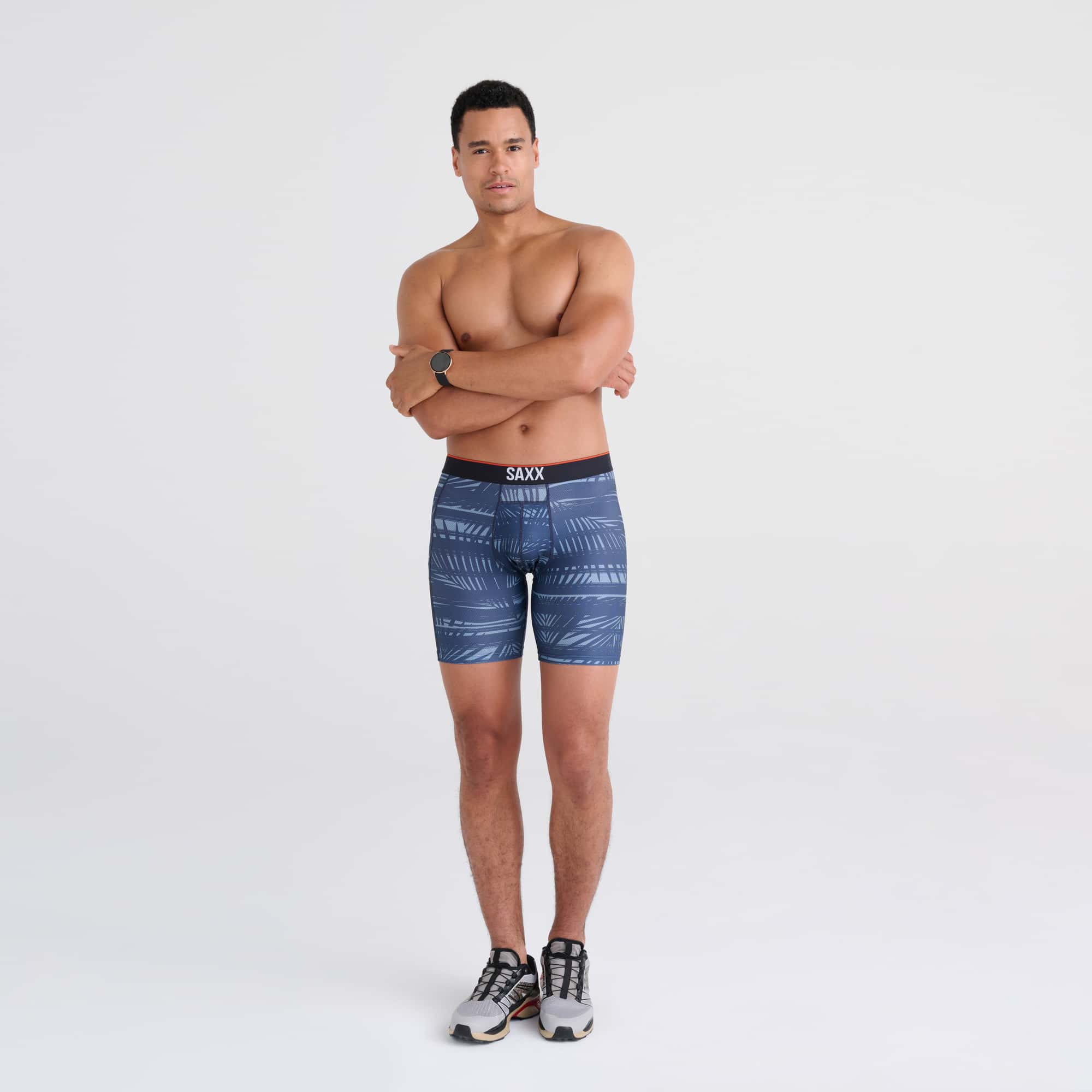 Front - Model wearing Training Long Boxer Brief in Shade Stripe- Navy