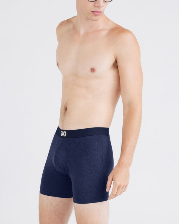 Front - Model wearing  Vibe Xtra Boxer Brief in Astro Blue Heather