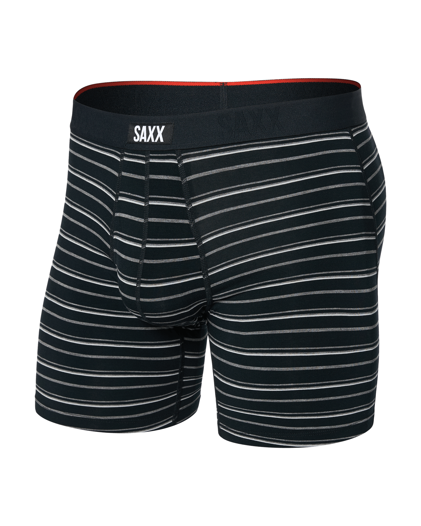 Front of Vibe Xtra Boxer Brief Fly in Black Coast Stripe