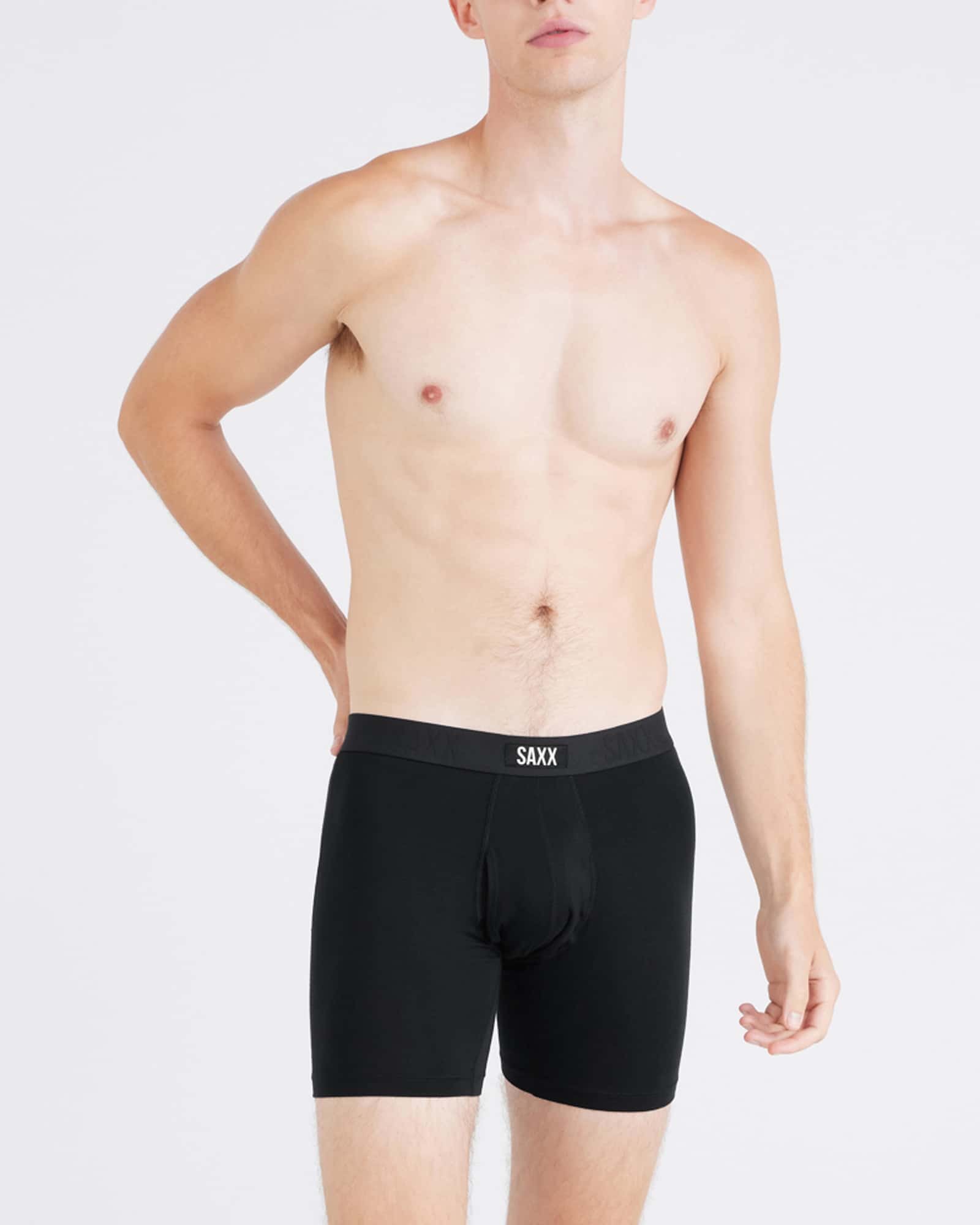 Front - Model wearing Vibe Xtra Boxer Brief Fly in Black