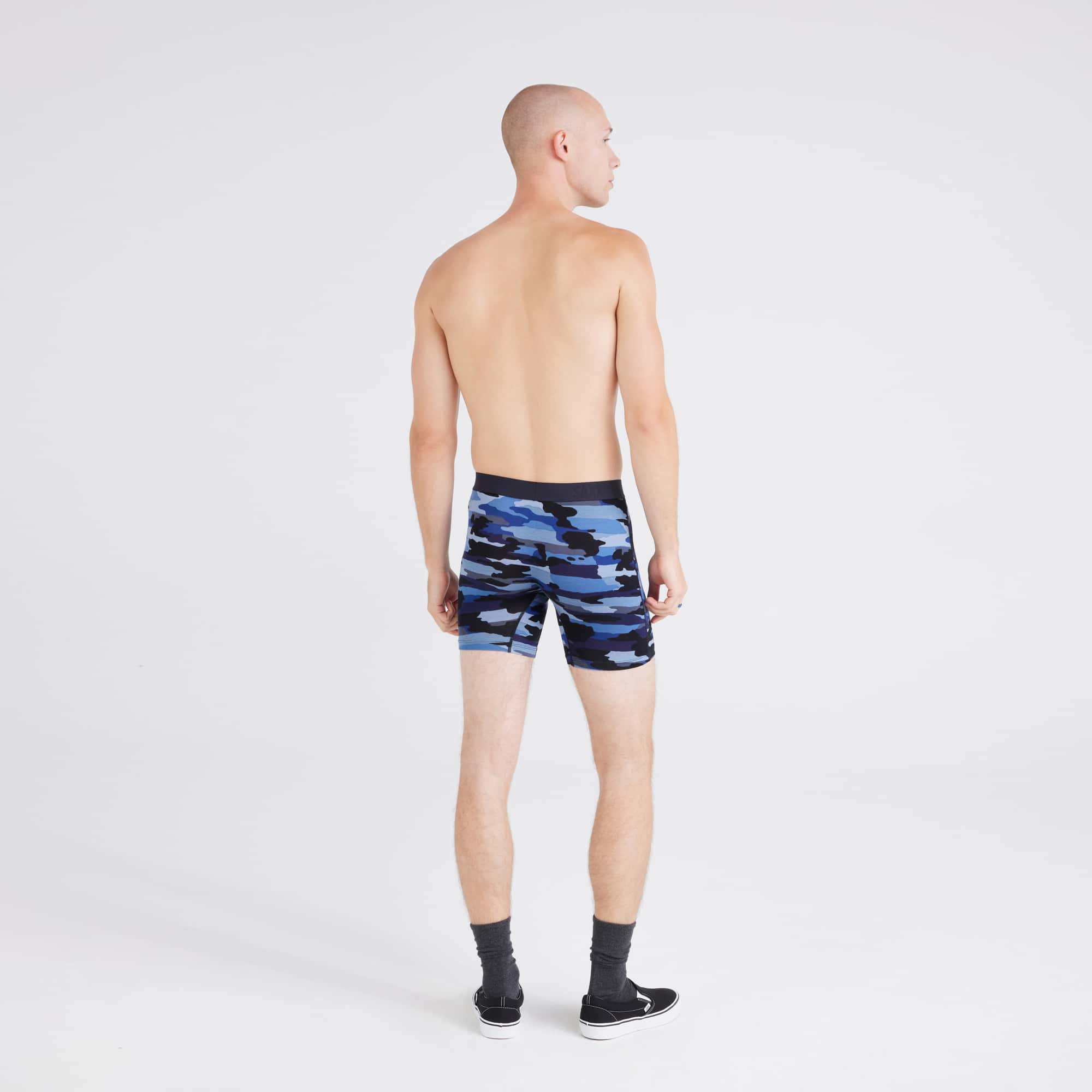 Back - Model wearing Vibe Xtra Boxer Brief in Cloudbank Camo-Navy