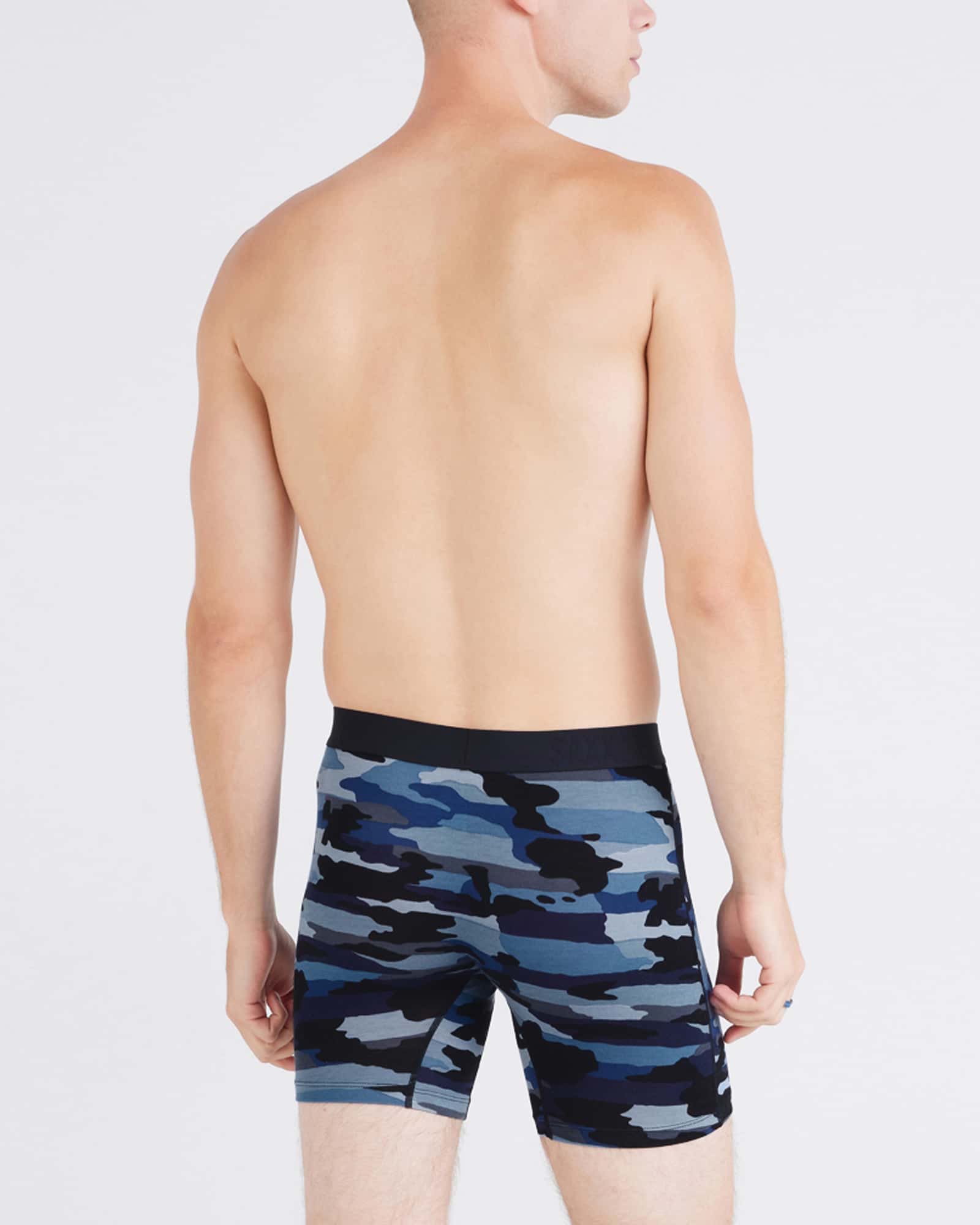 Back - Model wearing Vibe Xtra Boxer Brief Fly in Cloudbank Camo-Navy