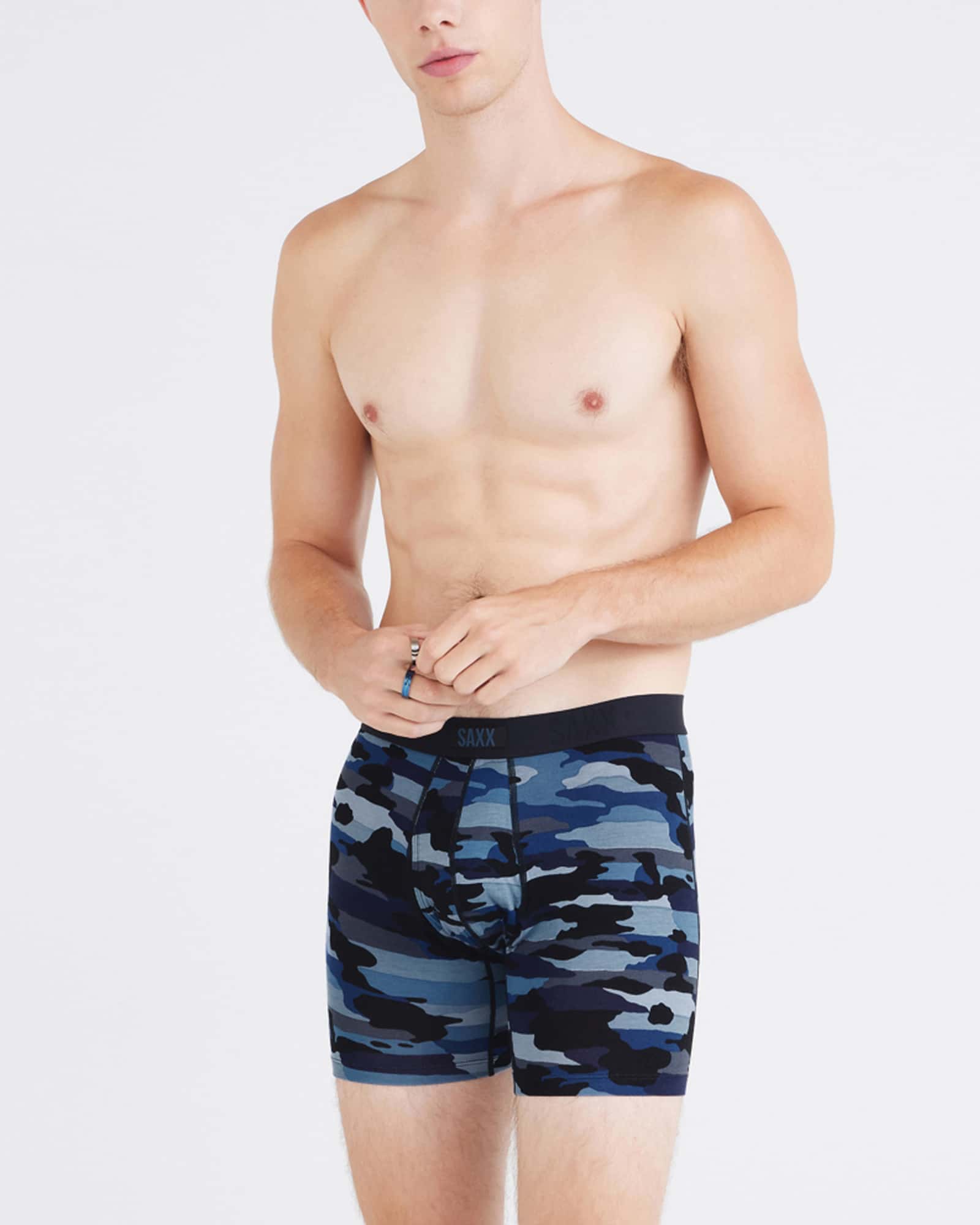 Front - Model wearing Vibe Xtra Boxer Brief Fly in Cloudbank Camo-Navy