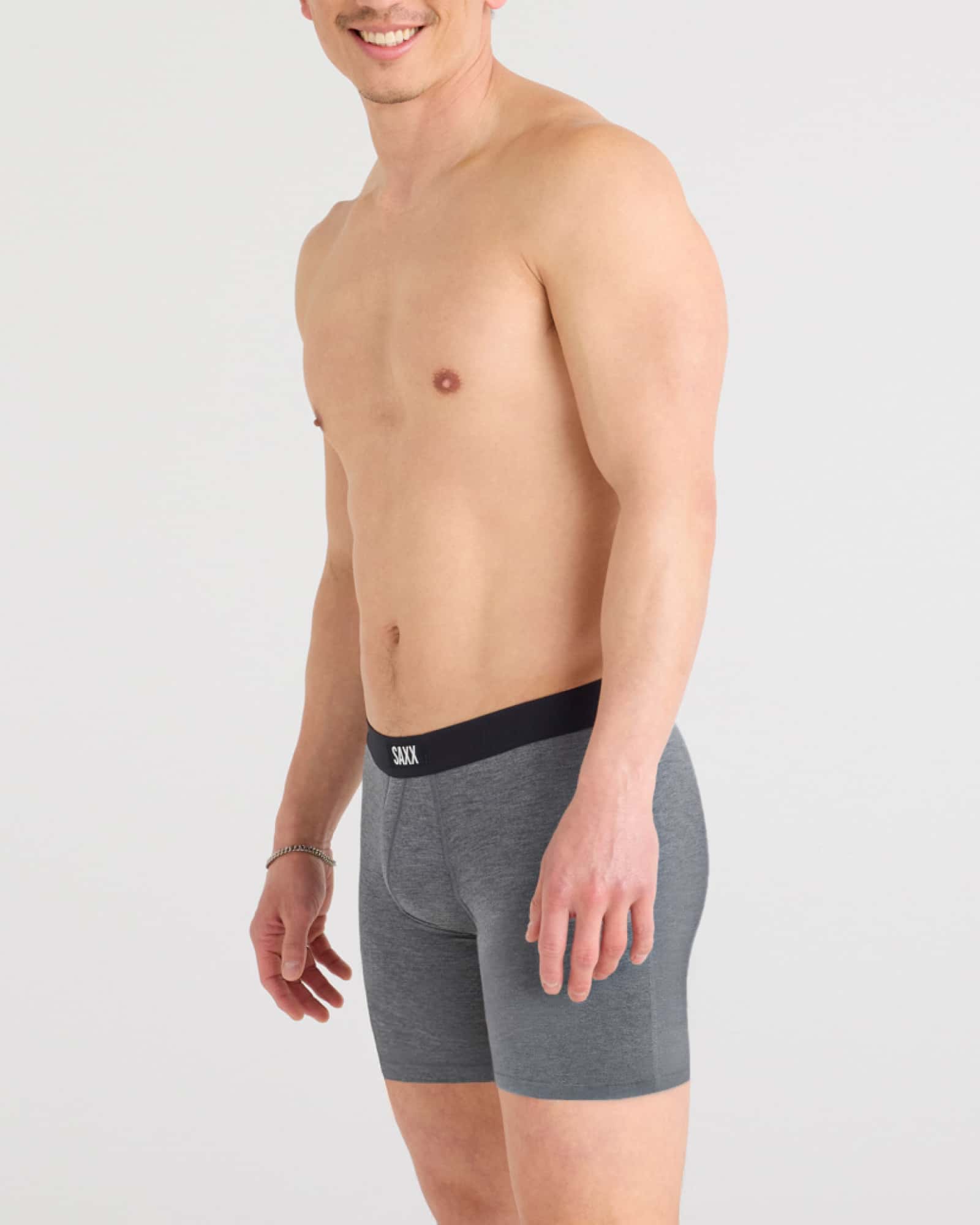 Front - Model wearing Vibe Xtra Boxer Brief Fly 7Pk in Black/Dark Grey Heather/Navy