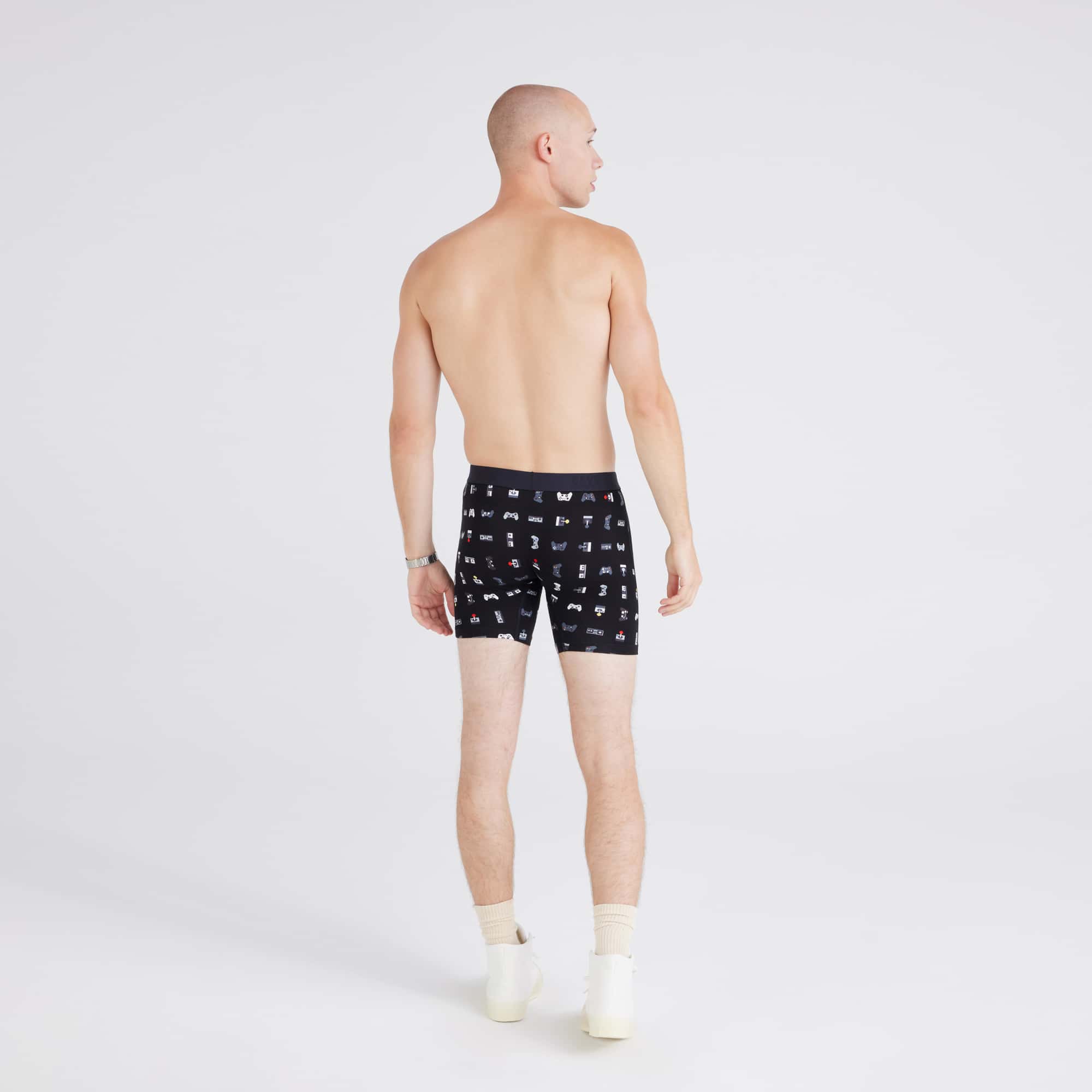 Back - Model wearing Vibe Xtra Boxer Brief in Gamer-Black