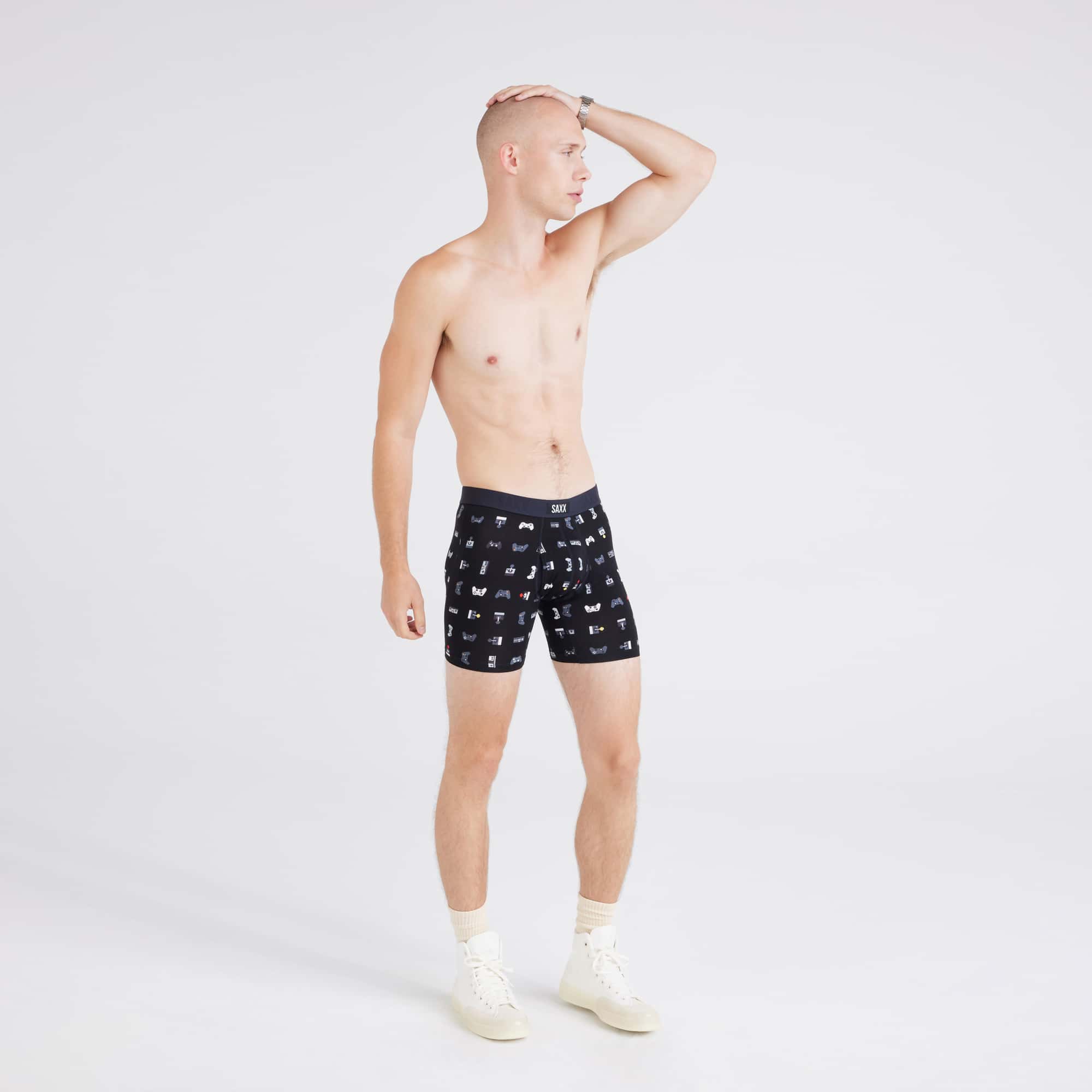 Front - Model wearing  Vibe Xtra Boxer Brief in Gamer-Black