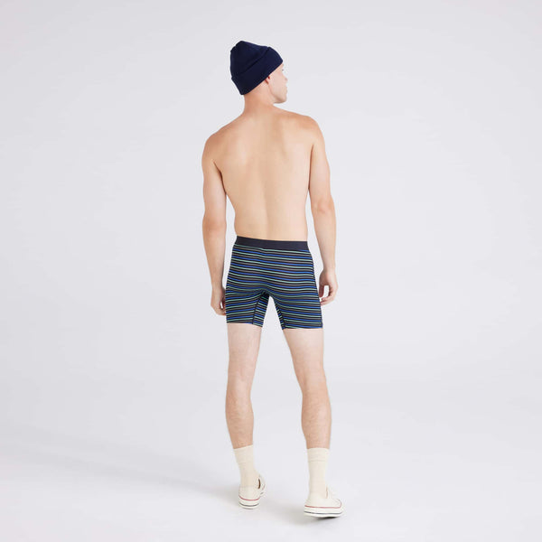 Back - Model wearing Vibe Xtra Boxer Brief in Gent's Stripe-Sport Blue