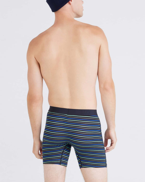 Back - Model wearing Vibe Xtra Boxer Brief Fly in Gent's Stripe-Sport Blue