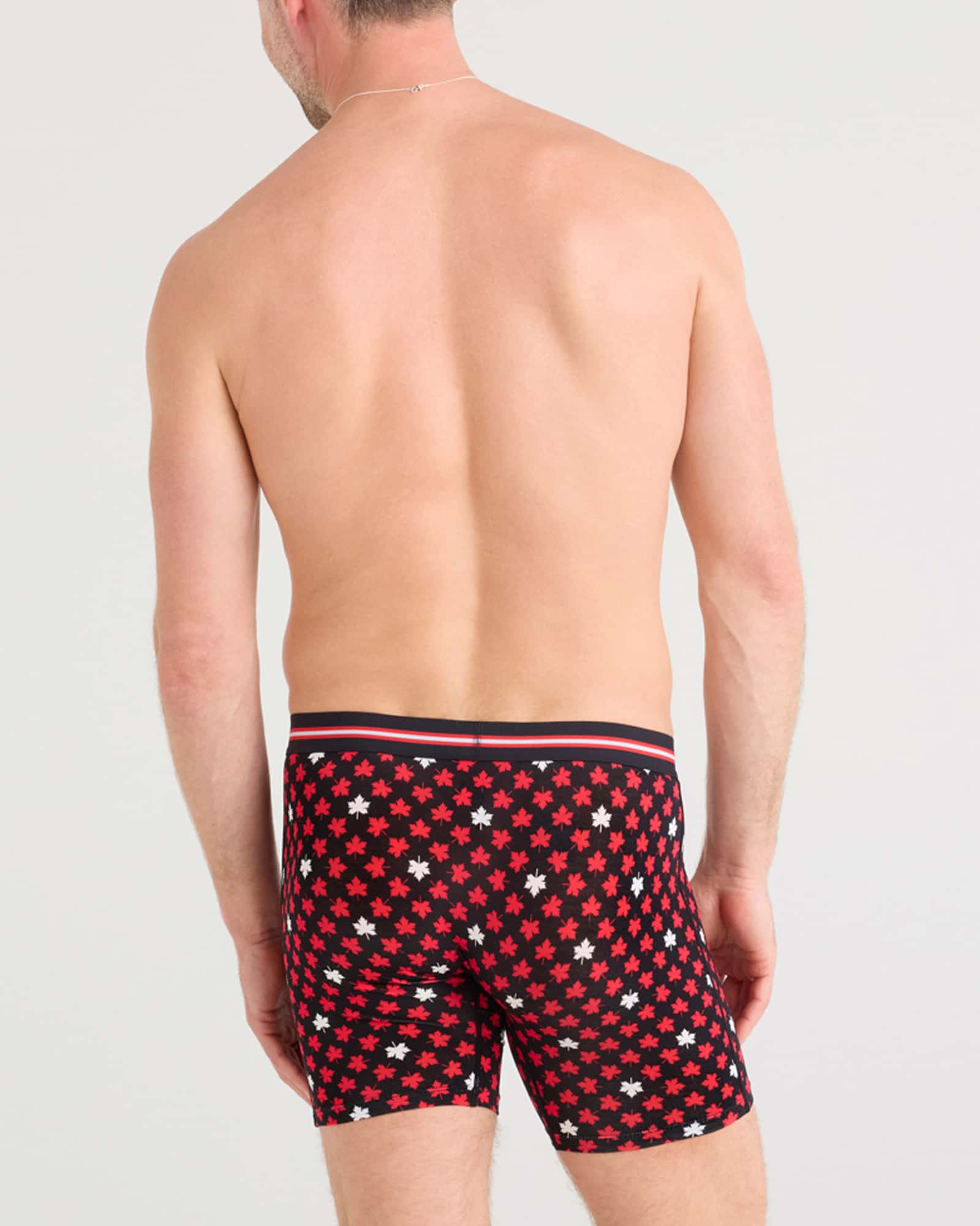 Back - Model wearing Vibe Xtra Boxer Brief Fly in Maple Leaf-Black