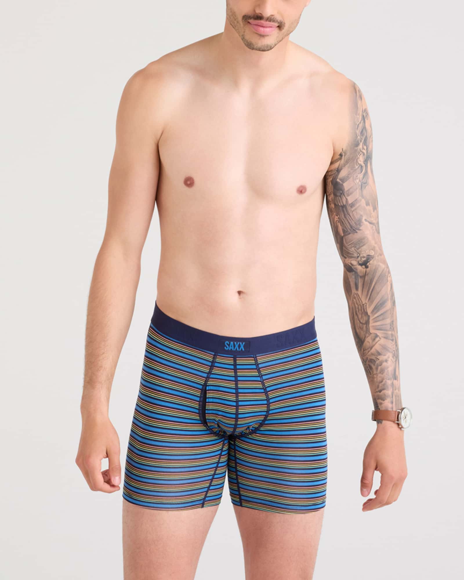 Front - Model wearing Vibe Xtra Boxer Brief Fly in Mini Rugby-Lake Blue