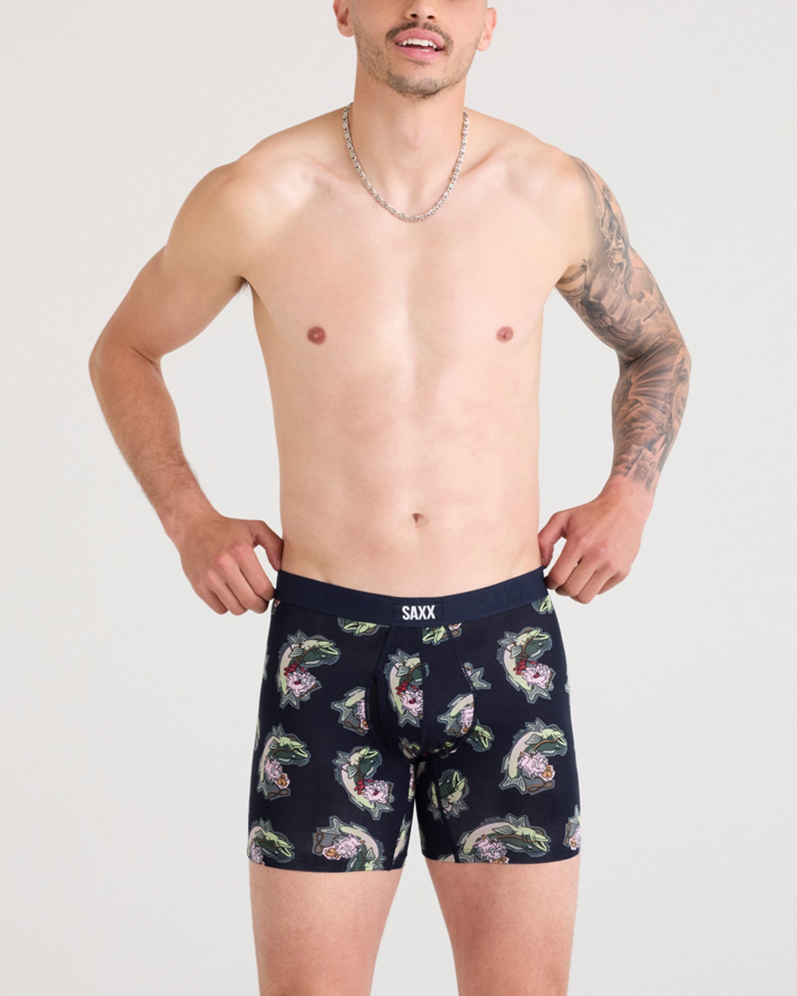 Front - Model wearing Vibe Xtra Boxer Brief Fly in Surf And Turf-Maritime