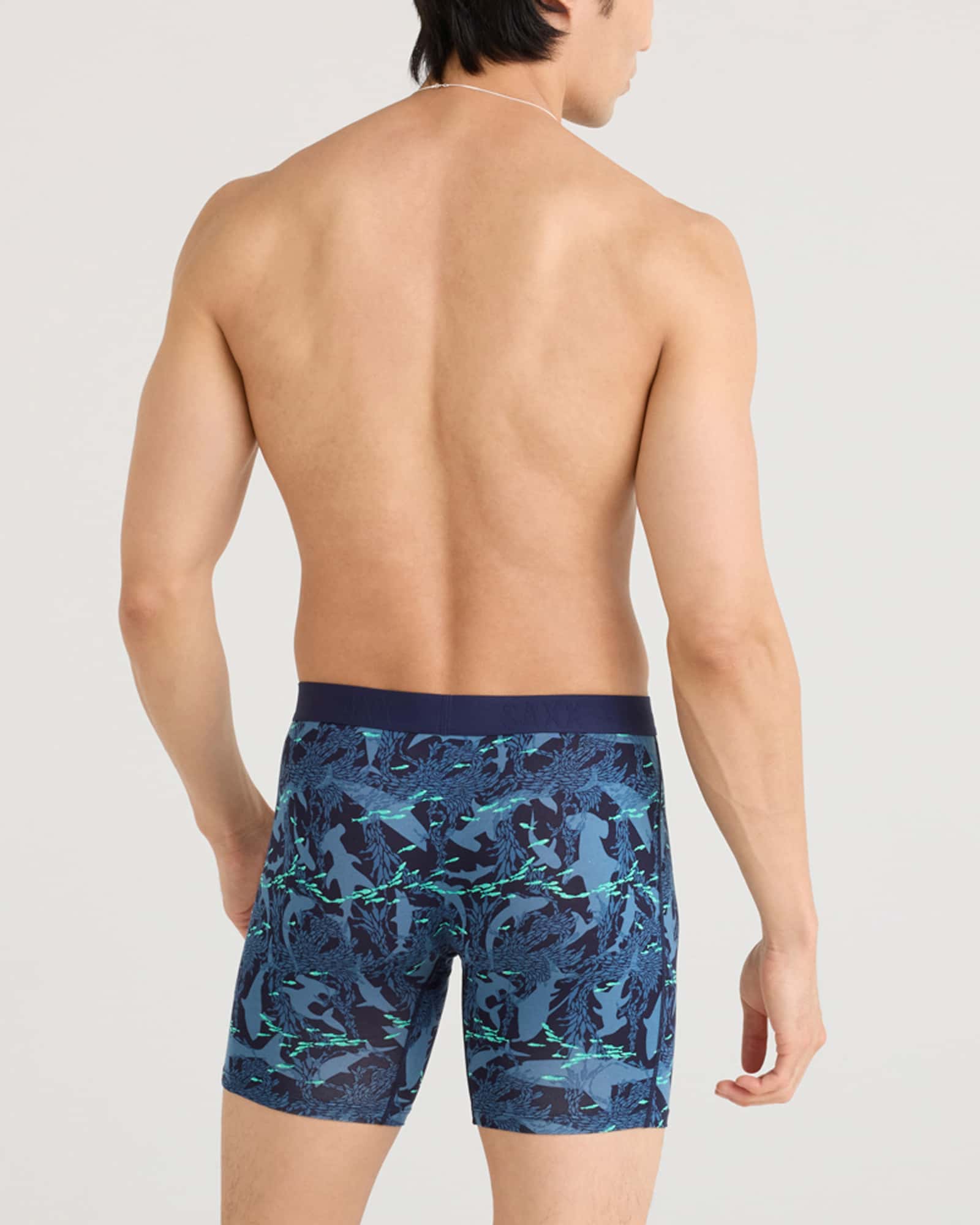 Back - Model wearing Vibe Xtra Boxer Brief Fly in Sharks And Minnows-Dk Ink