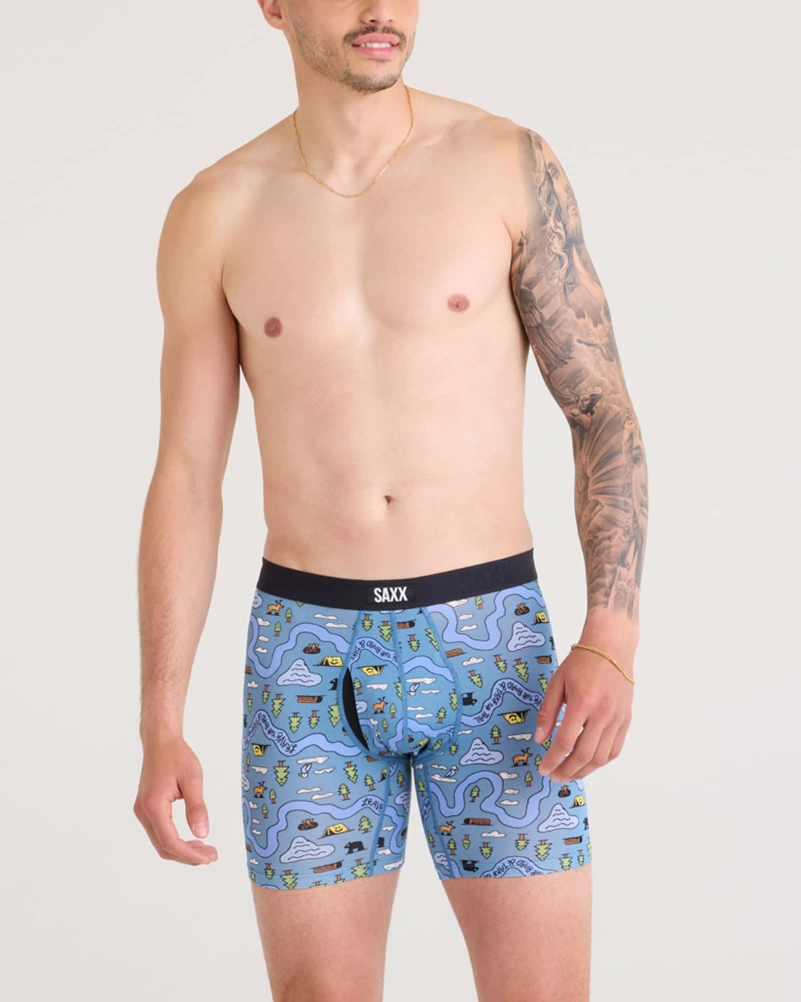 Front - Model wearing Vibe Xtra Boxer Brief Fly in Take The Trail-Slate