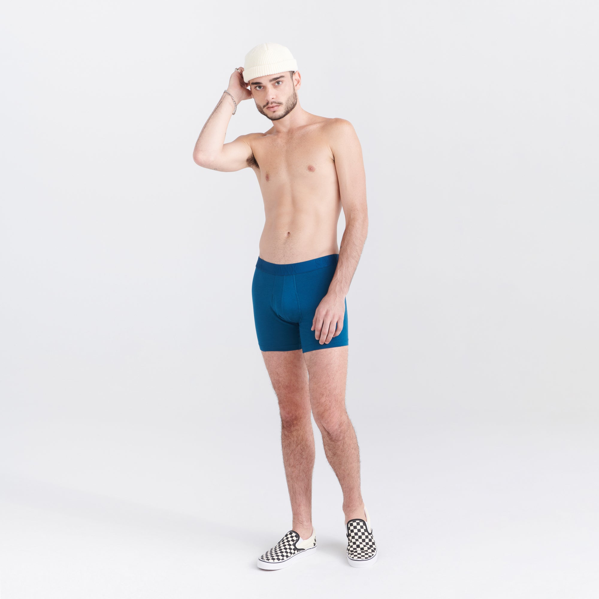 Front - Model wearing Droptemp Cooling Cotton Boxer Brief Fly in Deep Ocean