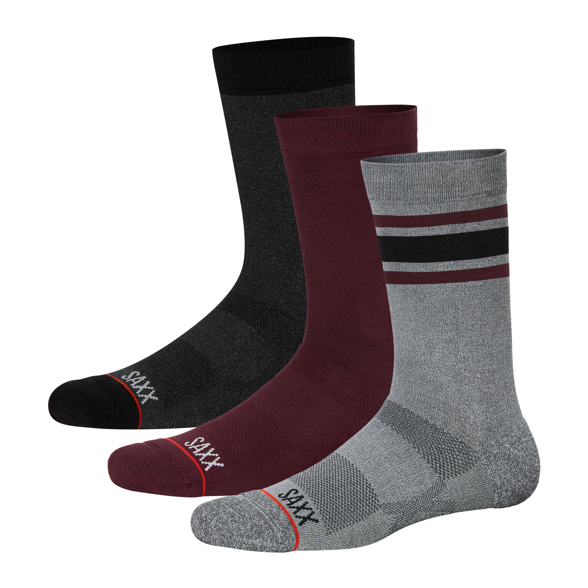 Front of Whole Package Crew 3-Pack in Athletic Stripe/Burnt Plum/Black Heather