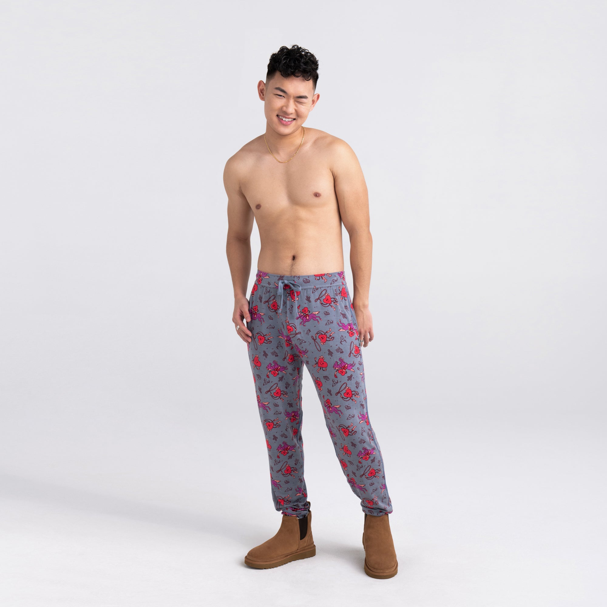Front - Model wearing Snooze Pant in I Heart Cowboys- Grey