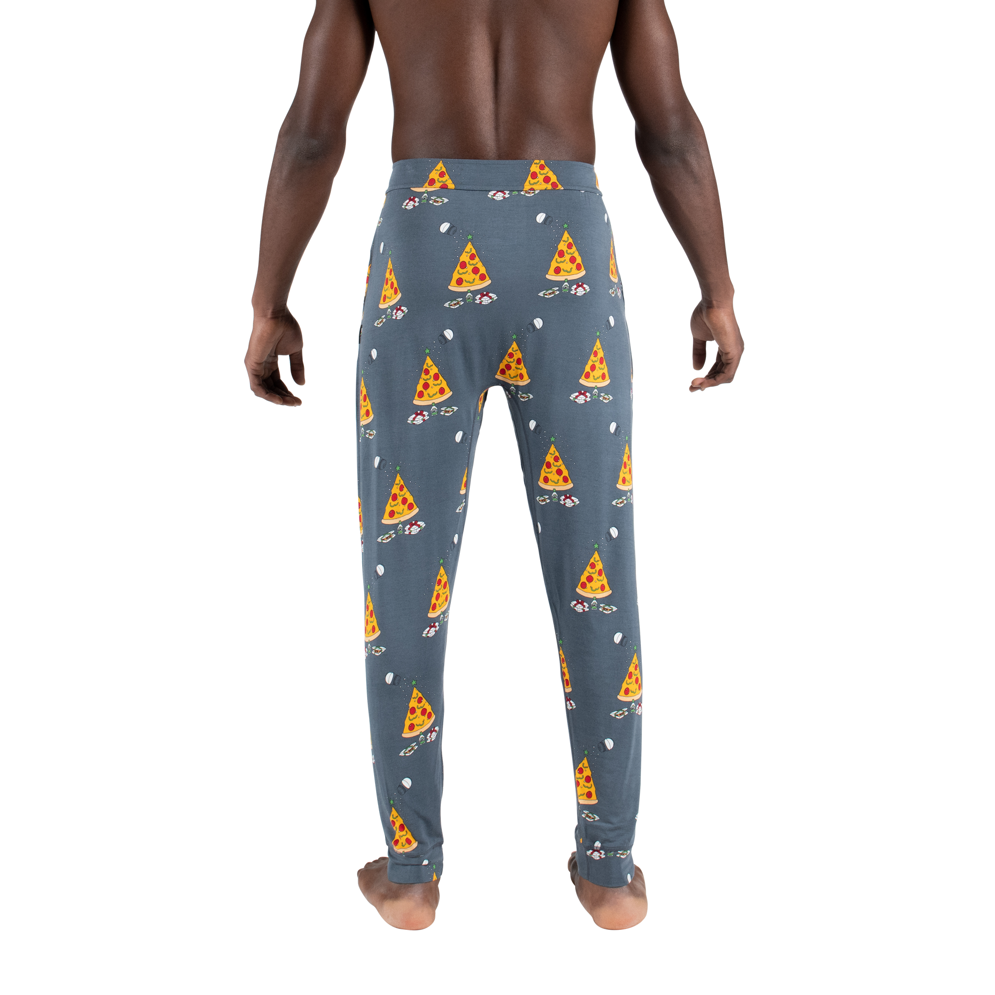 Back- Model wearing Snooze Pant in Pizza On Earth- Grey