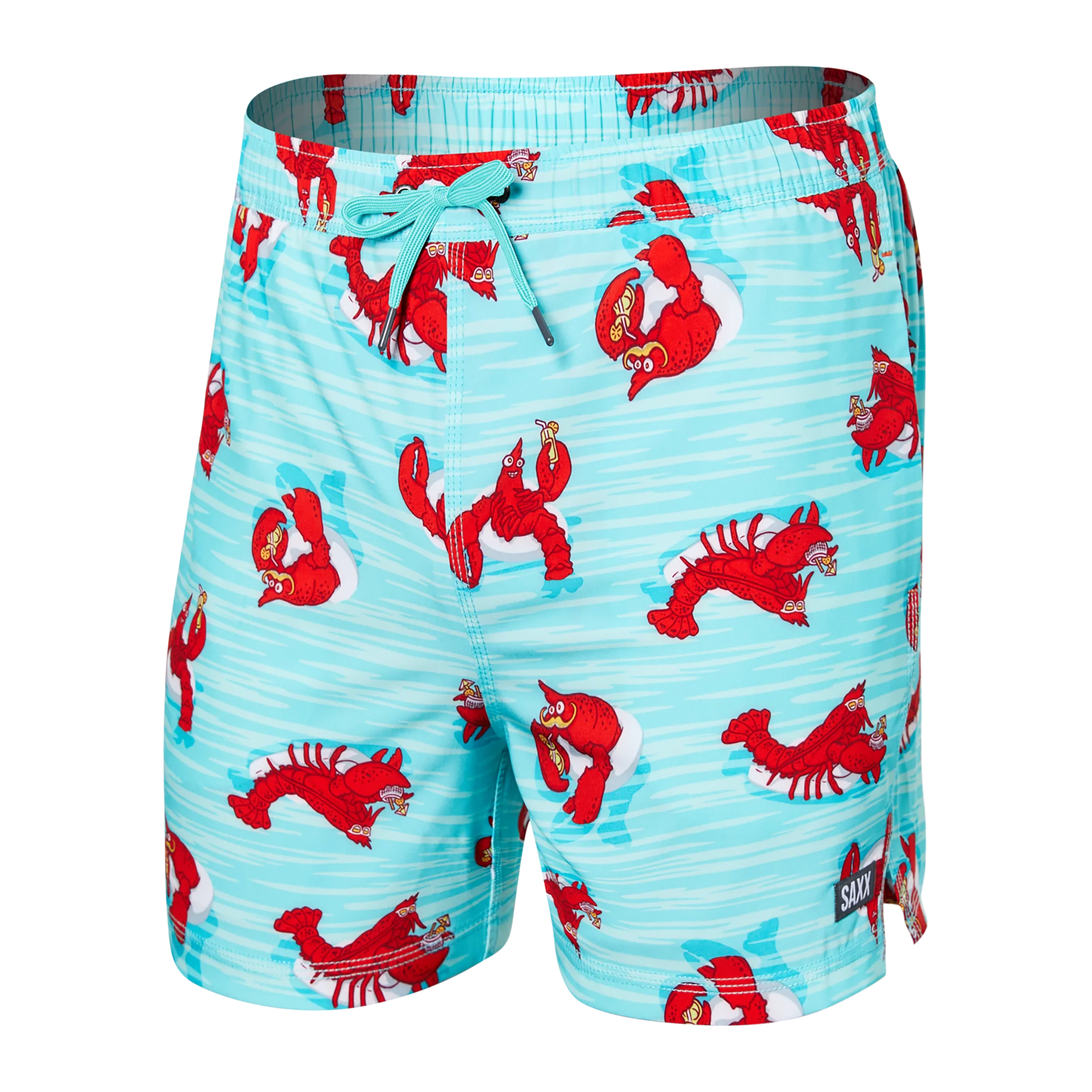 Front of Oh Buoy 2N1 Swim Volley Short 5" in Lobster Lounger- Aqua