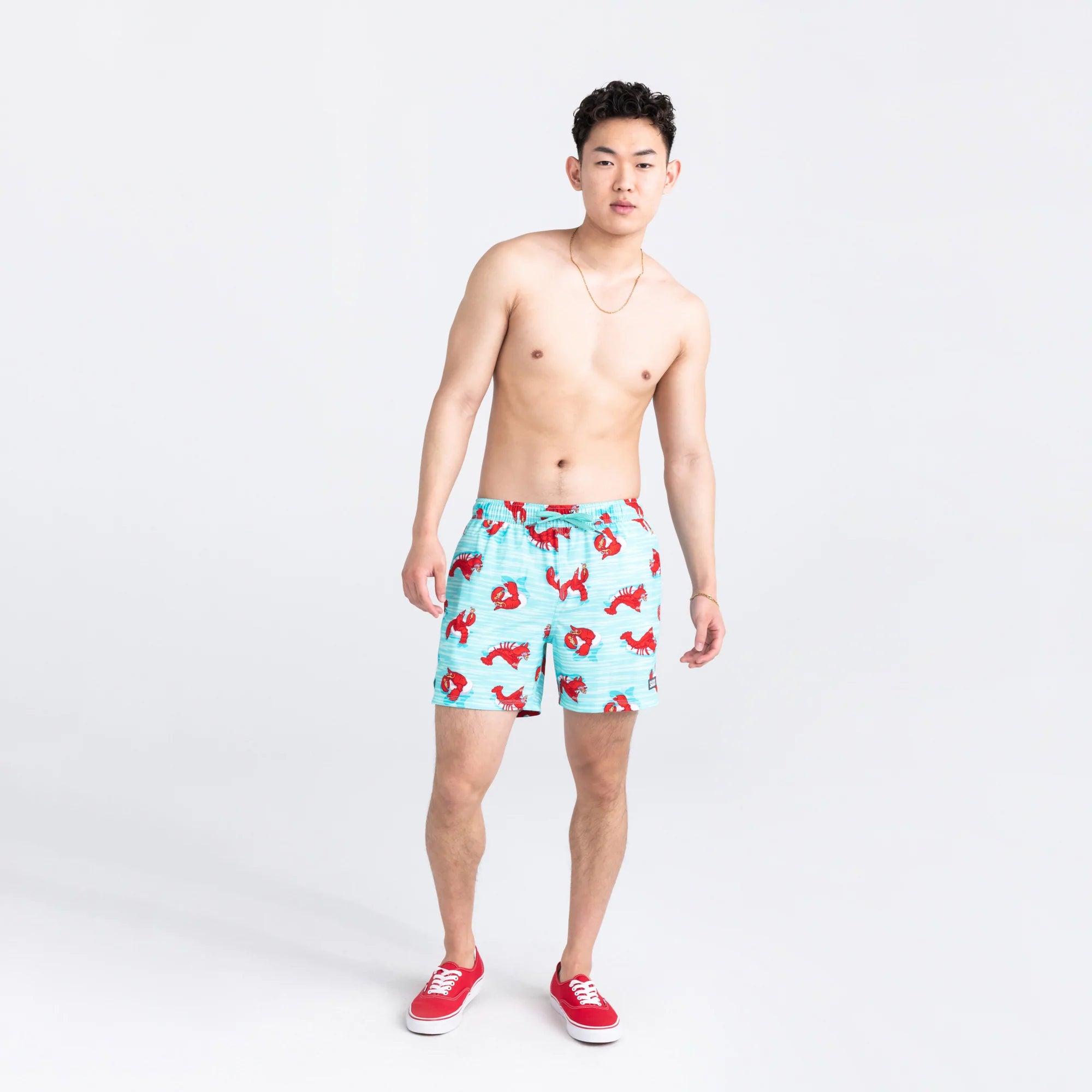 Front - Model wearing Oh Buoy 2N1 Swim Volley Short 5" in Lobster Lounger- Aqua