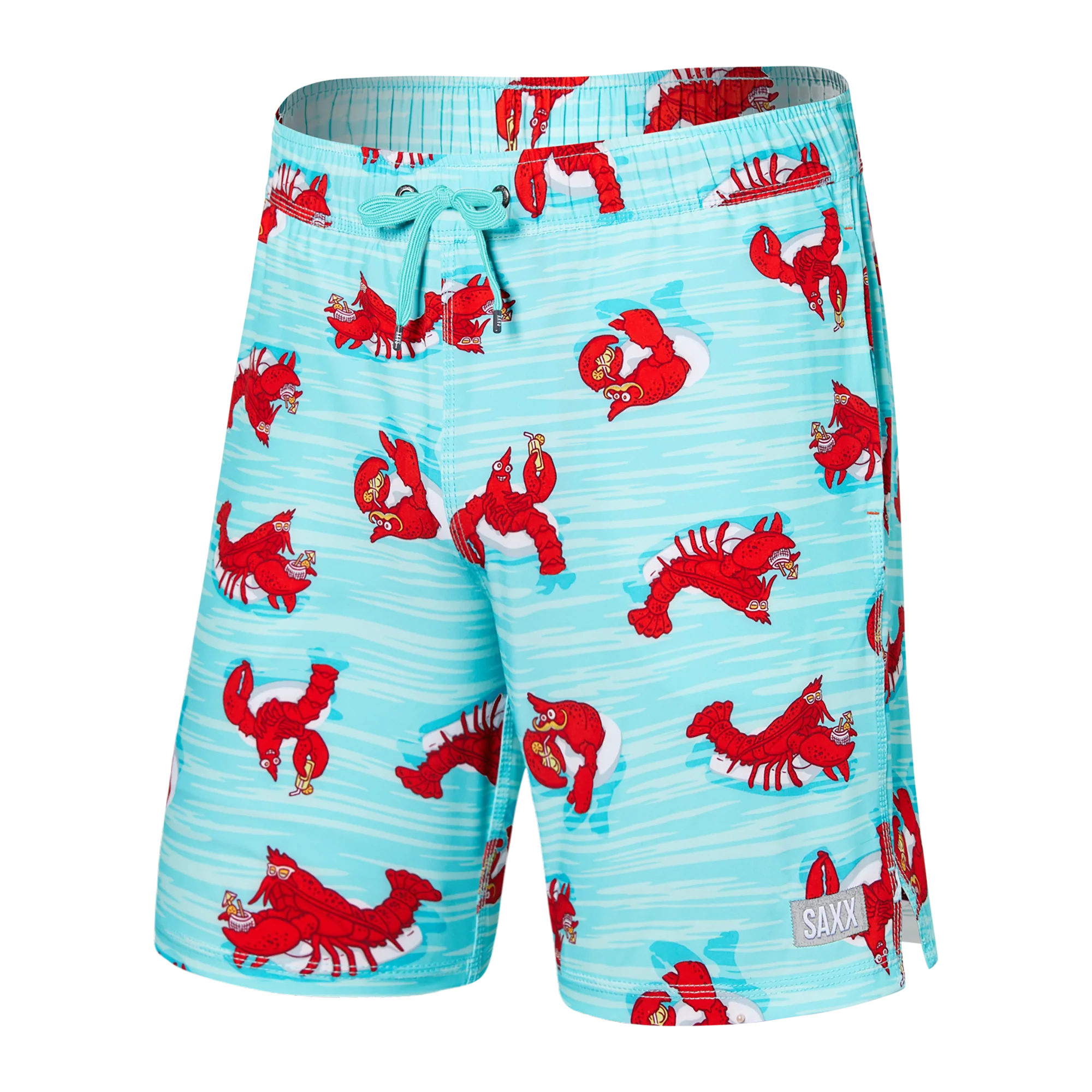 Front of Oh Buoy 2N1 Swim Volley Short 7" in Lobster Lounger- Aqua